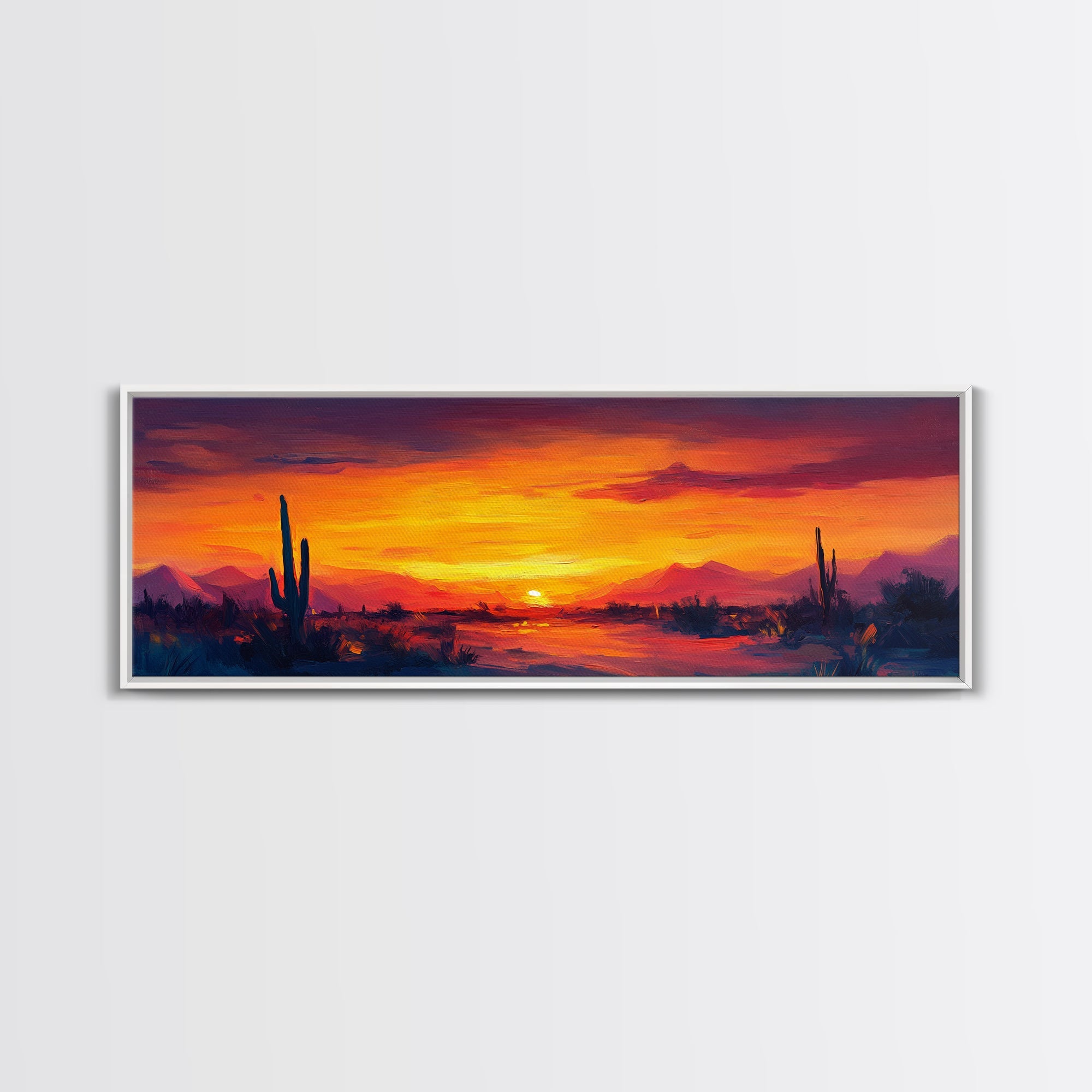 Sunset Cactus Art, southwest wall art, desert landscape painting, extra wide art, panoramic painting, framed canvas print, rustic decor, horizontal wall art