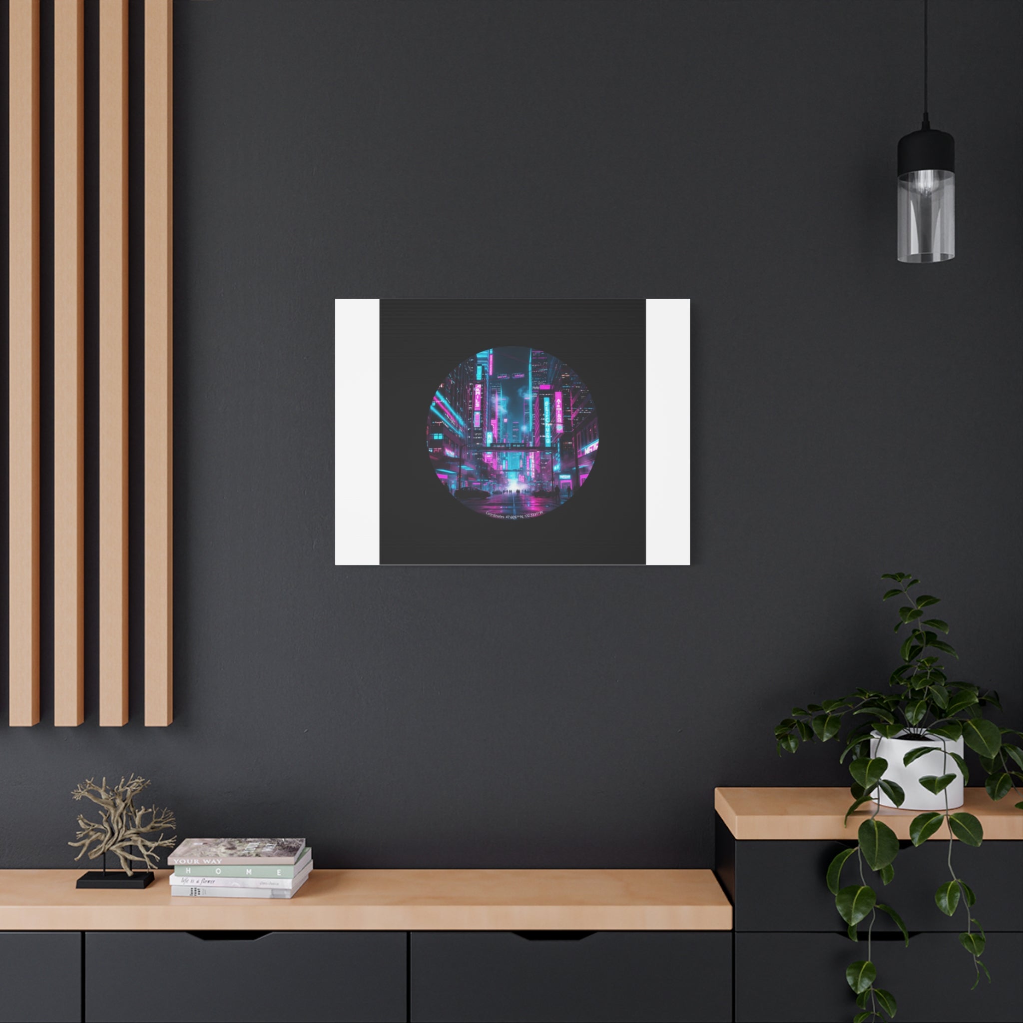 Neon Cyberpunk Cityscape Canvas | synthwave skyline, future city art