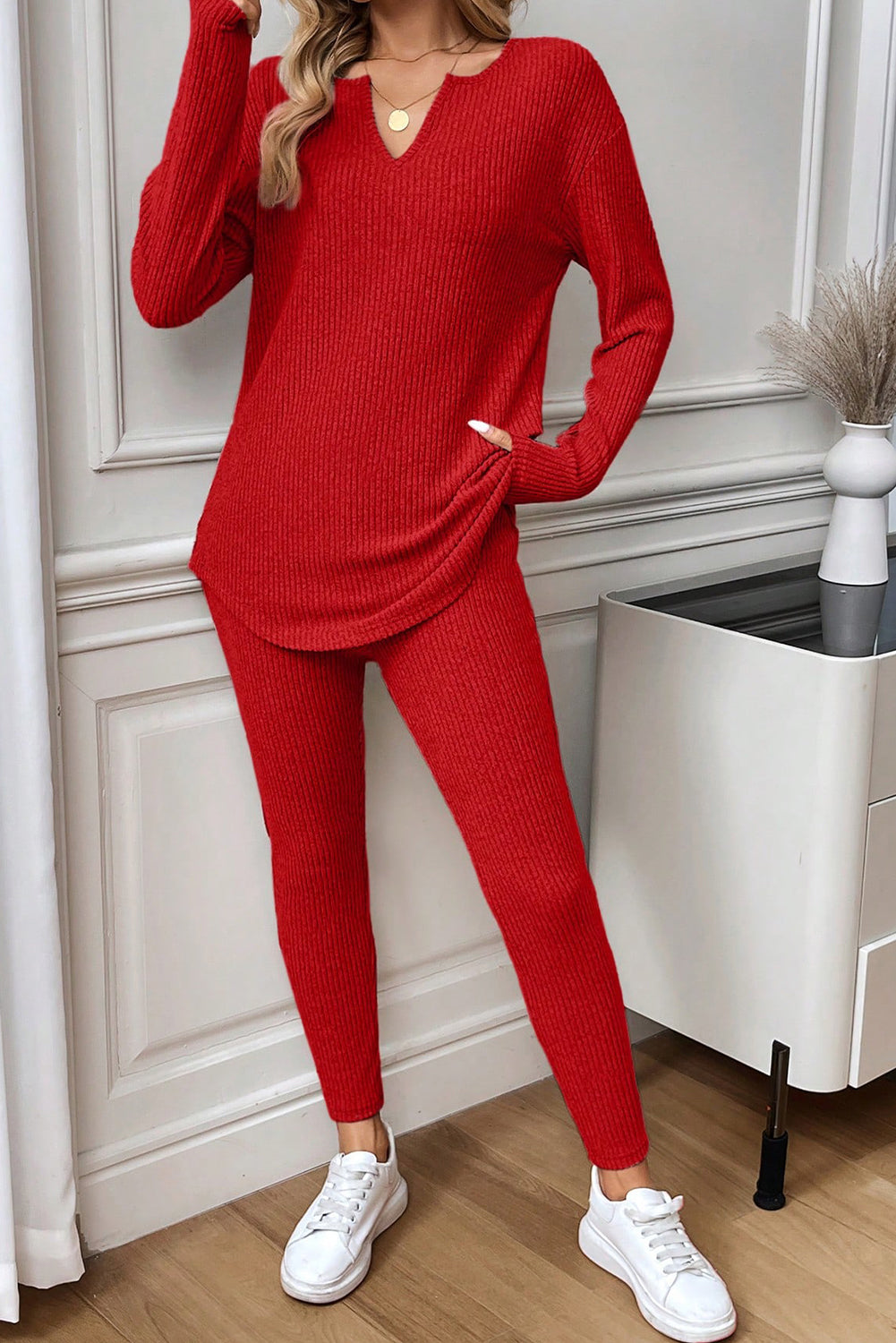 Grass Green Ribbed Notched Neck Knit Long Sleeve Leggings Two Pieces Lounge Set