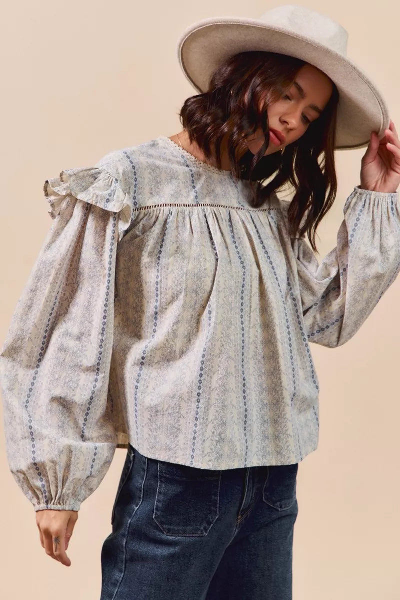 SO ME Floral Cotton Print Ruffled Long Sleeve Blouse