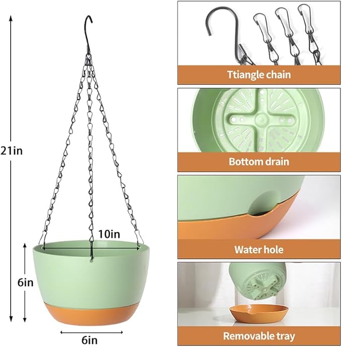 2 Pack Hanging Pots for Plants Outdoor Indoor, 10 Inch Hanging Planters with Drainage Hole (10 inch-White)