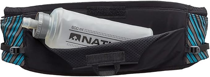 Nathan Running Belt Pinnacle Hydration Waistbelt/WaistPack. Includes Soft Flask, Storage, Zipper Pocket. For Running, Hiking Fanny Pack. No Bounce! (L/XL, Black/Blue)