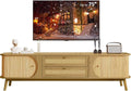 Merax Modern Fluted TV Stand for 75" TVs, Mid-Century Entertainment Center Tambour Door Media Console TV Cabinet with Rattan-Front Drawer for Living Room, Curved Profile Design