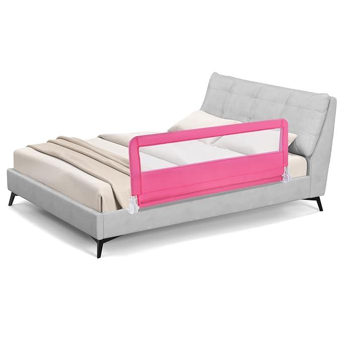 BABY JOY Bed Rails for Toddlers, 59'' Extra Long, Swing Down Bed Guard w/Safety Straps, Folding Baby Bedrail for Kids Twin, Double, Full Size Queen & King Mattress (Pink, 59-Inch)