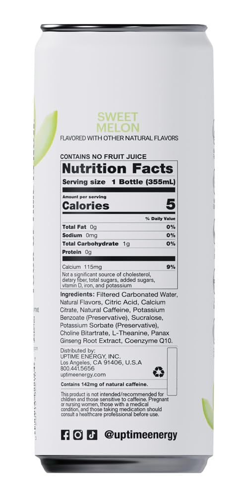 Uptime Energy Sugar-Free Summer Melon Energy Drink, Pack of 12, 12 fl oz Each, Natural Caffeine