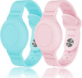 Kids Waterproof Airtag Bracelet Compatible with Apple AirTag, Hidden Silicon Protective Case for Air Tag GPS Tracker Holder, Adjustable Anti-Lost Watch Band for Toddler Child (Cyan & Pink)