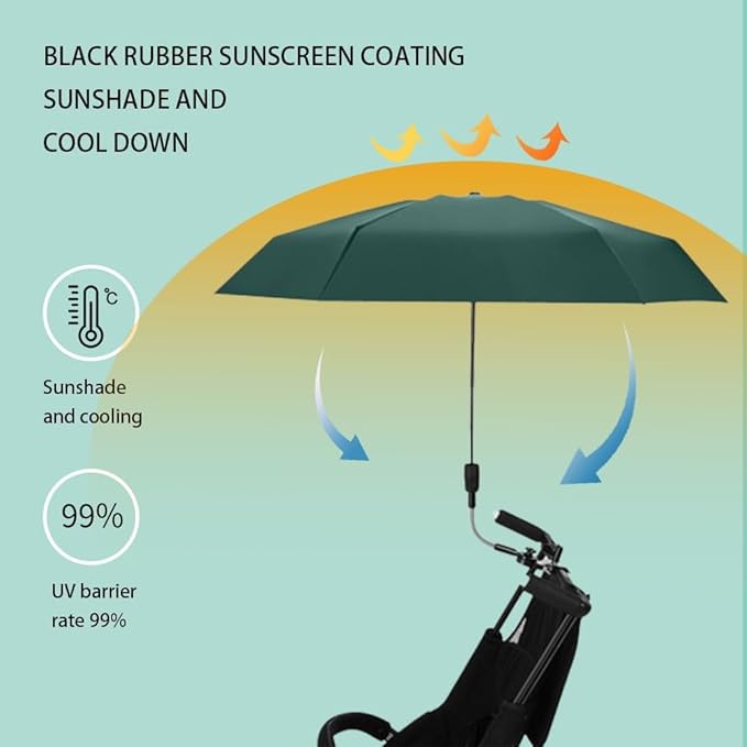 Clip-on Umbrella for Stroller Sunshade, Adjustable Steering Angle, Handle Included, Compact and Lightweight, Suitable for All Kinds of Strollers
