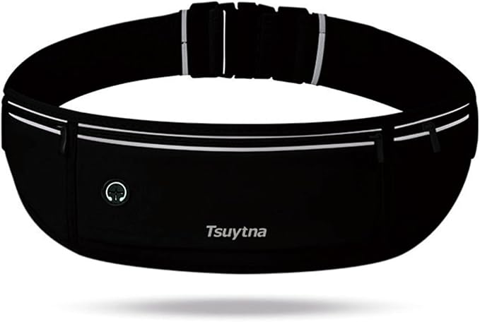 Running Belt for Women & Men - Slim Phone running belt with Water-Resistant Phone Holder, 3 pockets Adjustable Waist Strap, Reflective Safety Design for Running, Hiking, Travel，Fitness(Black)