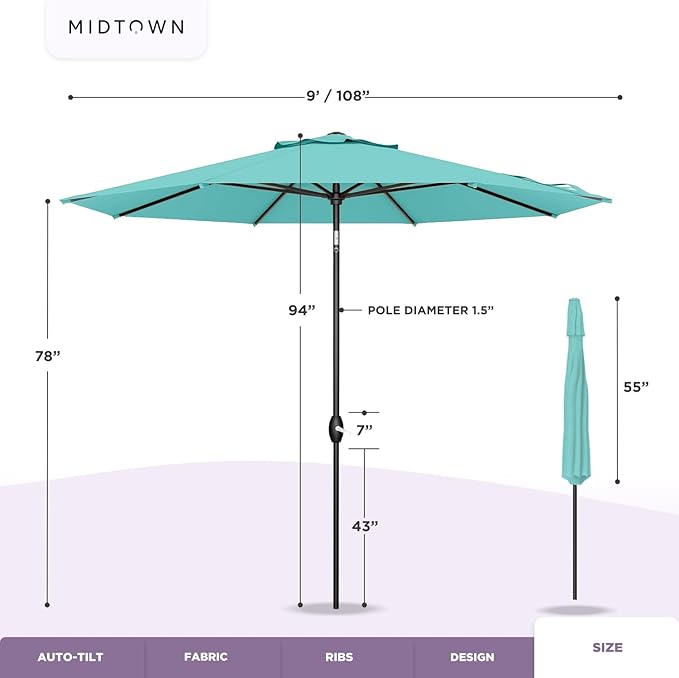 Midtown Umbrellas Sunbrella Umbrella 9 Feet Outdoor Umbrella With Infused Gem Acrylic Fabric - Auto-Tilt Aluminum Frame Patio Umbrella For Backyard, Deck, Garden, Pool - Black Pole
