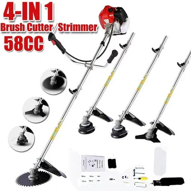58CC Weed Wacker Brush Cutter, Gas Powered String Trimmer 4-in-1 Gas Weed Eater with 4 Detachable Heads Straight Shaft 2-Cycle for Weed, Brush(Orange)