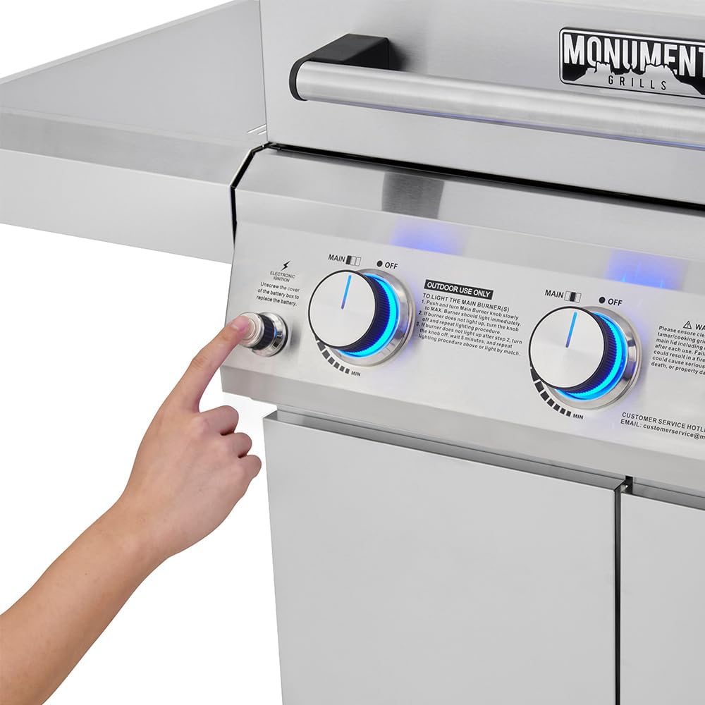 Monument Grills Larger 3-Burner Propane Gas Grills Barbeque Stainless Steel Heavy-Duty Cabinet Style with Smoker Box (2 Items)