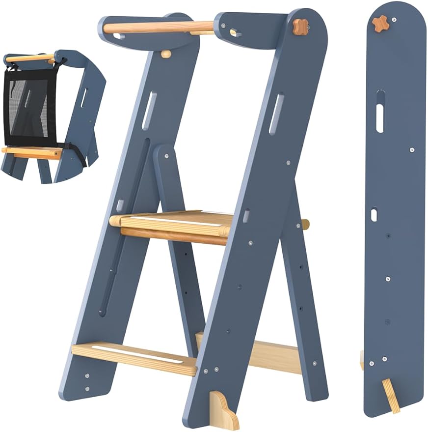 GROWNSY Foldable Step Stool Toddler Tower, Toddler Kitchen Stool Helper, Collapsible Kids Standing Learning Tower with 3 Adjustable Heights and Safety Net for Kitchen Bathroom Sink Counter (Blue Gray)