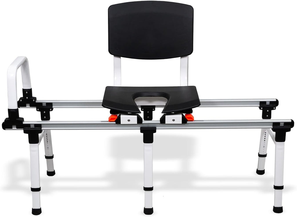 Sliding Transfer Bench for Toilet-Adjacent Tubs, Adjustable Height, Grab Bar, Extended Rails, Sliding Shower Chair with Commode Compatibility