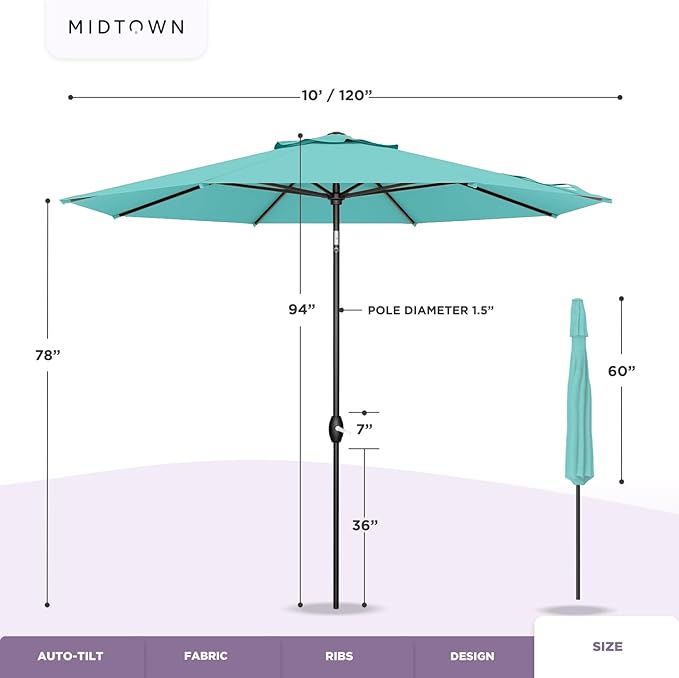 Midtown Umbrellas Sunbrella Umbrella 10 Feet Large Outdoor Umbrella With Sunbrella Canvas Navy Fabric - Auto-Tilt Aluminum Frame Large Patio Umbrella For Backyard, Deck, Garden, Pool - Black Pole