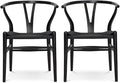 Wishbone Chair, Solid Wood Armrest Woven Seat Chair, Kitchen & Dining Chair, Wishbone Y Black Chairs - Set of 2 (Ash Wood - Black)