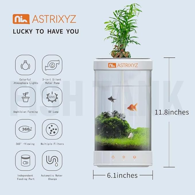 Aquarium Kit-1.5 Gallon Self-Cleaning Betta Fish Tank with 3-in-1 Filtration System, Oxygenation,Water Circulation, Multi-Color LED Lights - Quiet Desktop Aquarium for Home,Office & Gifts(White)