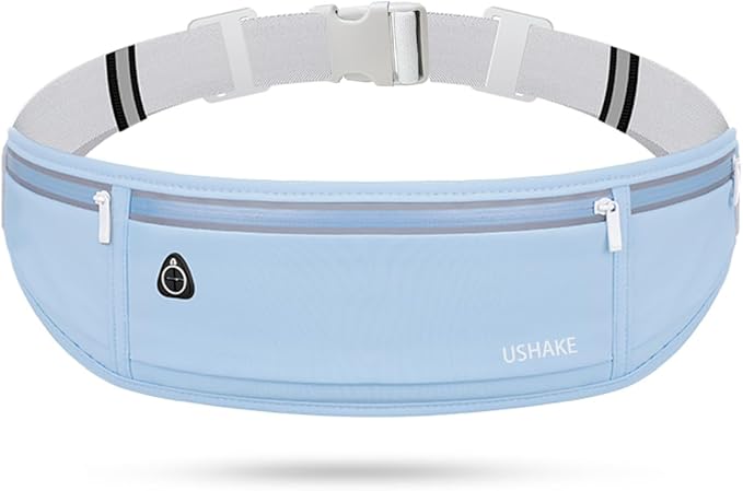 USHAKE Slim Running Belt, Workout Fanny Pack for Men Women,Exercise Waist Pack for Apple iPhone Holder, Runner Belt for Running Walking Cycling Camping Gym Light Blue