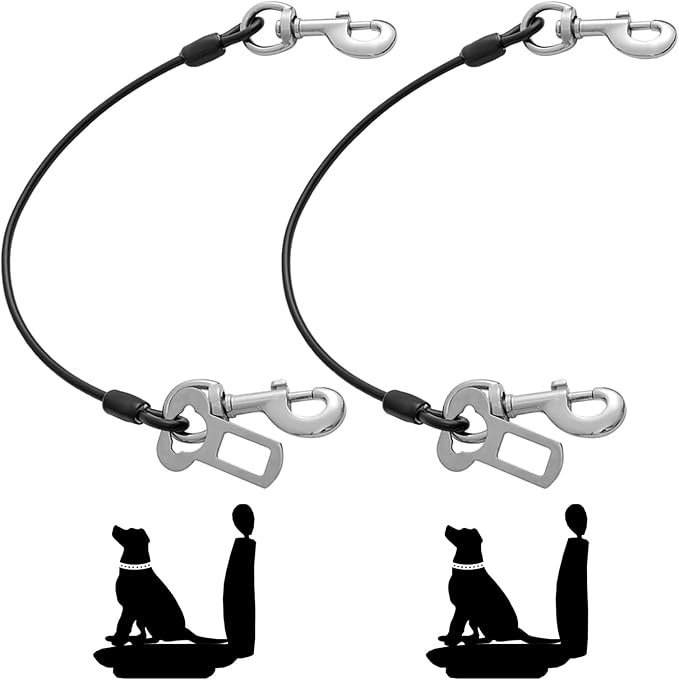 Dog Seat Belt Harness for Car,2pcs Dog Seatbelt of Coated Wire Leash Safety Restraint,No Chew Tether Cable Vehicle Dog Accessories,Double Clips & Latch (2 Pack Black, 16 inch/40 CM)