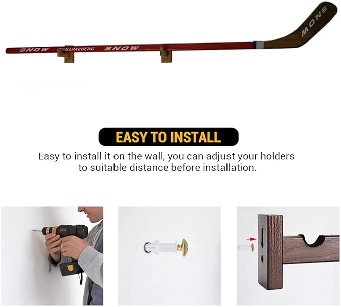 2Pieces Hockey Stick Display Wall Mount - Horizontal Wood Hanger Rack - Bracket