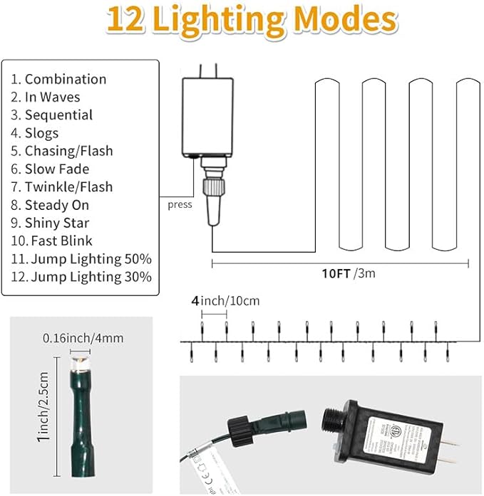 Christmas Light 100 LEDs 41ft Green Cable Wire Fairy String Twinkle Lights Plug in 12 Modes for Xmas Tree, Party, Indoor,Outdoor, Garden, Wedding, Home Decoration (Warm White)