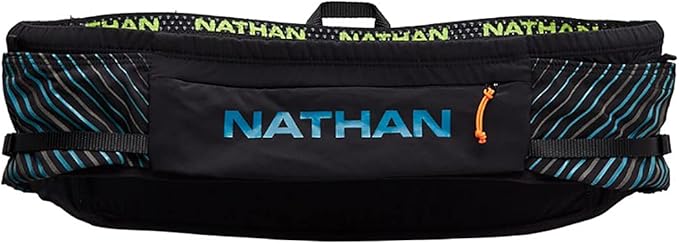 Nathan Running Belt Pinnacle Hydration Waistbelt/WaistPack. Includes Soft Flask, Storage, Zipper Pocket. For Running, Hiking Fanny Pack. No Bounce! (Black/Blue Me Away, S/M)