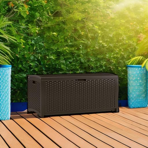 Suncast Outdoor Storage Box - 73 Gallon Mocha Brown Deck Box for Patio, Waterproof Outdoor Storage Bench, Resin Wicker Style, Heavy-Duty, Lockable Lid for Cushions, Shoes, Pool & Garden Gear