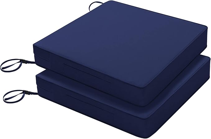 Favoyard Patio Chair Cushions 20 x 20 x 3 Inch Waterproof Outdoor Seat Cushions for Patio Furniture 3-Year Color Fastness Garden Sofa Couch Pads with Handle & Adjustable Straps Set of 2, Blue