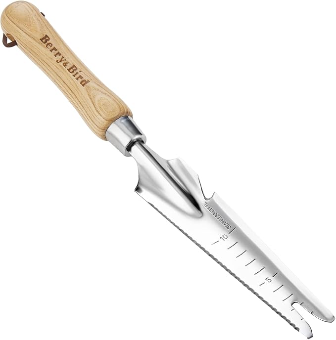 Berry&Bird Garden Hand Weeding Trowel, Stainless Steel Weeder Tool for Gardening with Wooden Handle, Multifunctional Manual Weed Puller & Digging Knife for Planting Transplanting Cutting Measuring