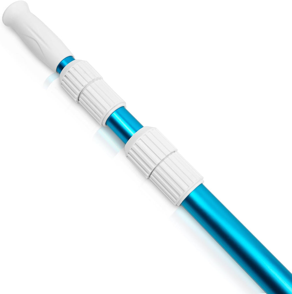 POOLWHALE Premium 15 Foot Telescopic Swimming Pool Pole, Adjustable 3 Piece Extendable Pool Cleaning Pole, Blue Anodized Aluminum - for Skimmer Nets, Vacuum Heads and Brushes