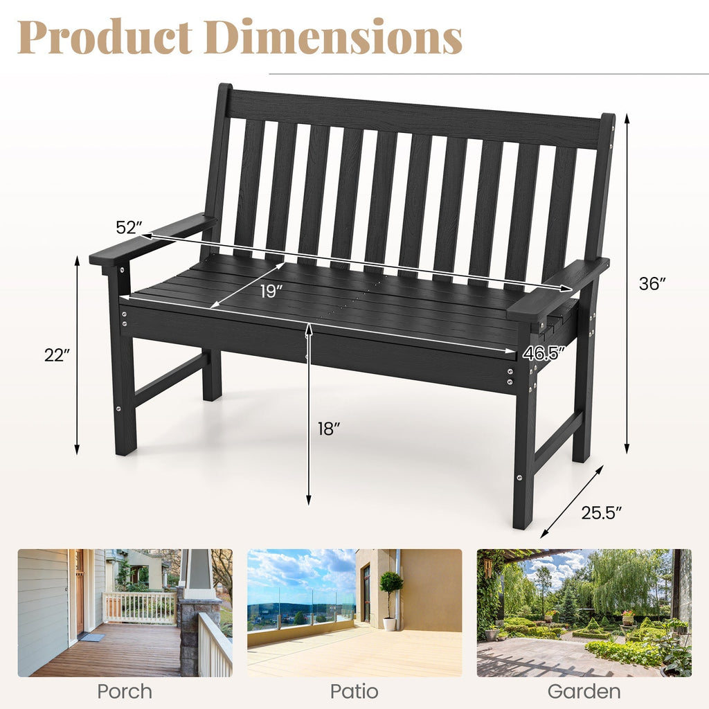 52 Inch All-Weather HDPE Outdoor Bench with Backrest and Armrests