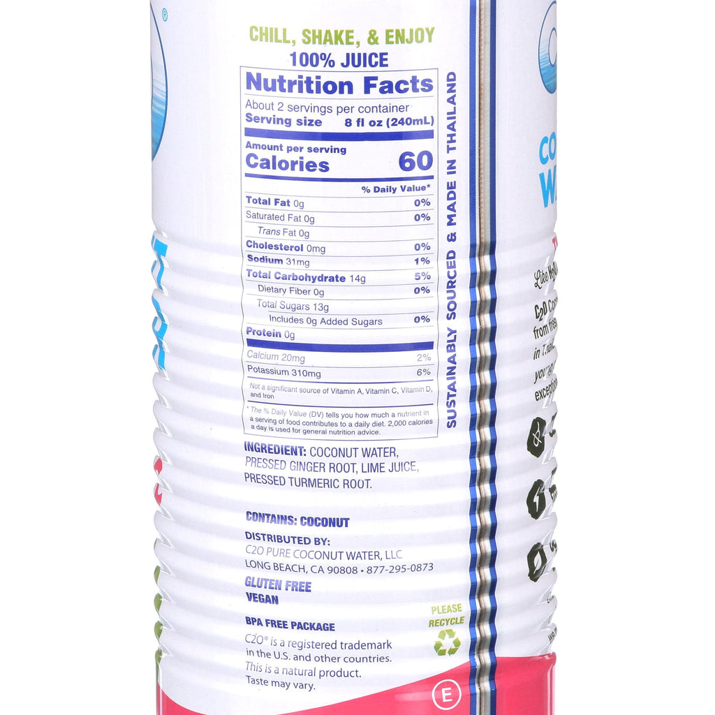 C2O Pure Coconut Water with Ginger, Lime & Turmeric, 17.5 fl. oz. (Case of 12)