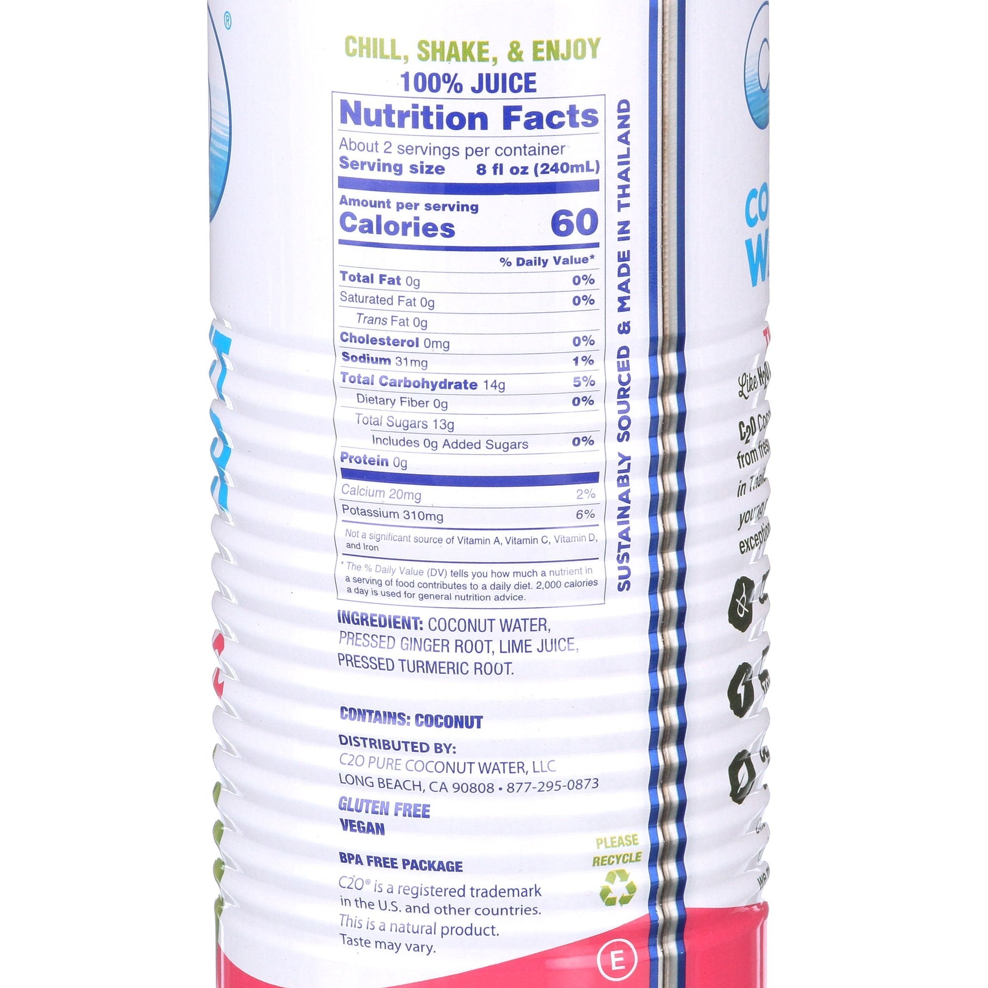 C2O Pure Coconut Water with Ginger, Lime & Turmeric, 17.5 fl. oz. (Case of 12)