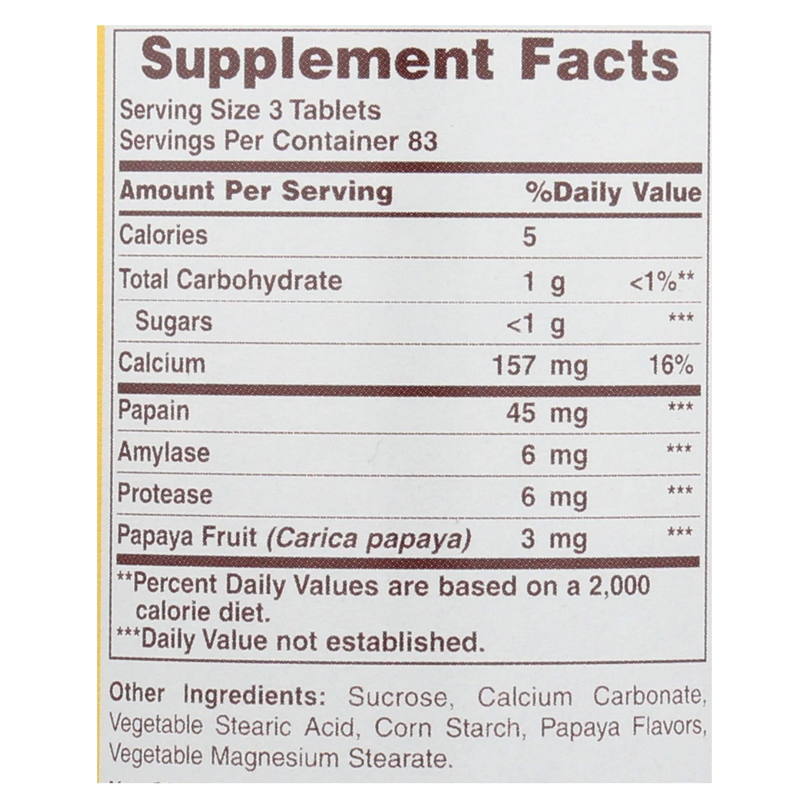 American Health Original Papaya Enzyme Chewable 250 Tablets