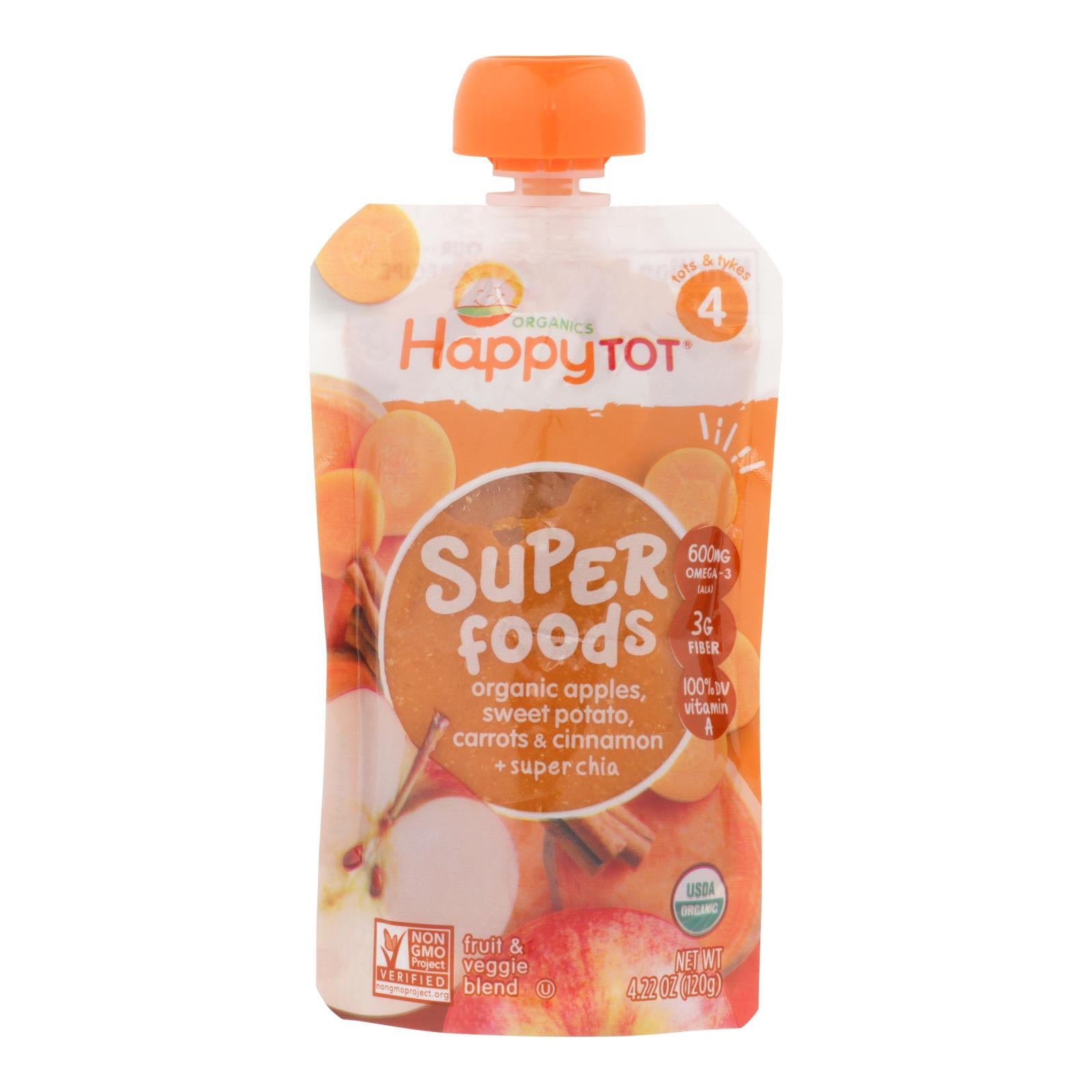 Happy Baby Happytot Organic Superfoods Sweet Potato, Apple, Carrot, and Cinnamon (Pack of 16 - 4.22 Oz)