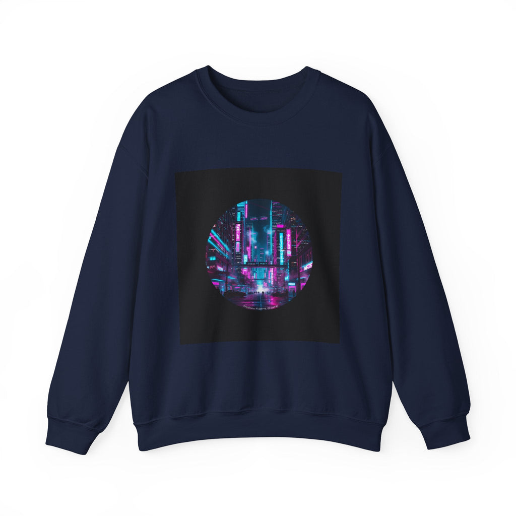 Neon Cyberpunk Skyline Sweatshirt | synthwave cityscape, future city art