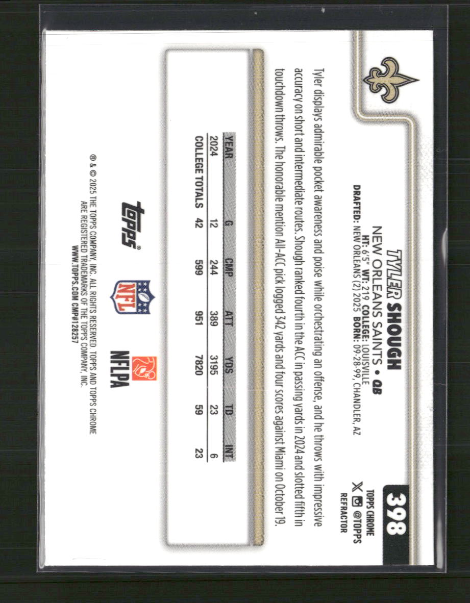 2025 Topps Chrome Refractor Tyler Shough Rookie #398
