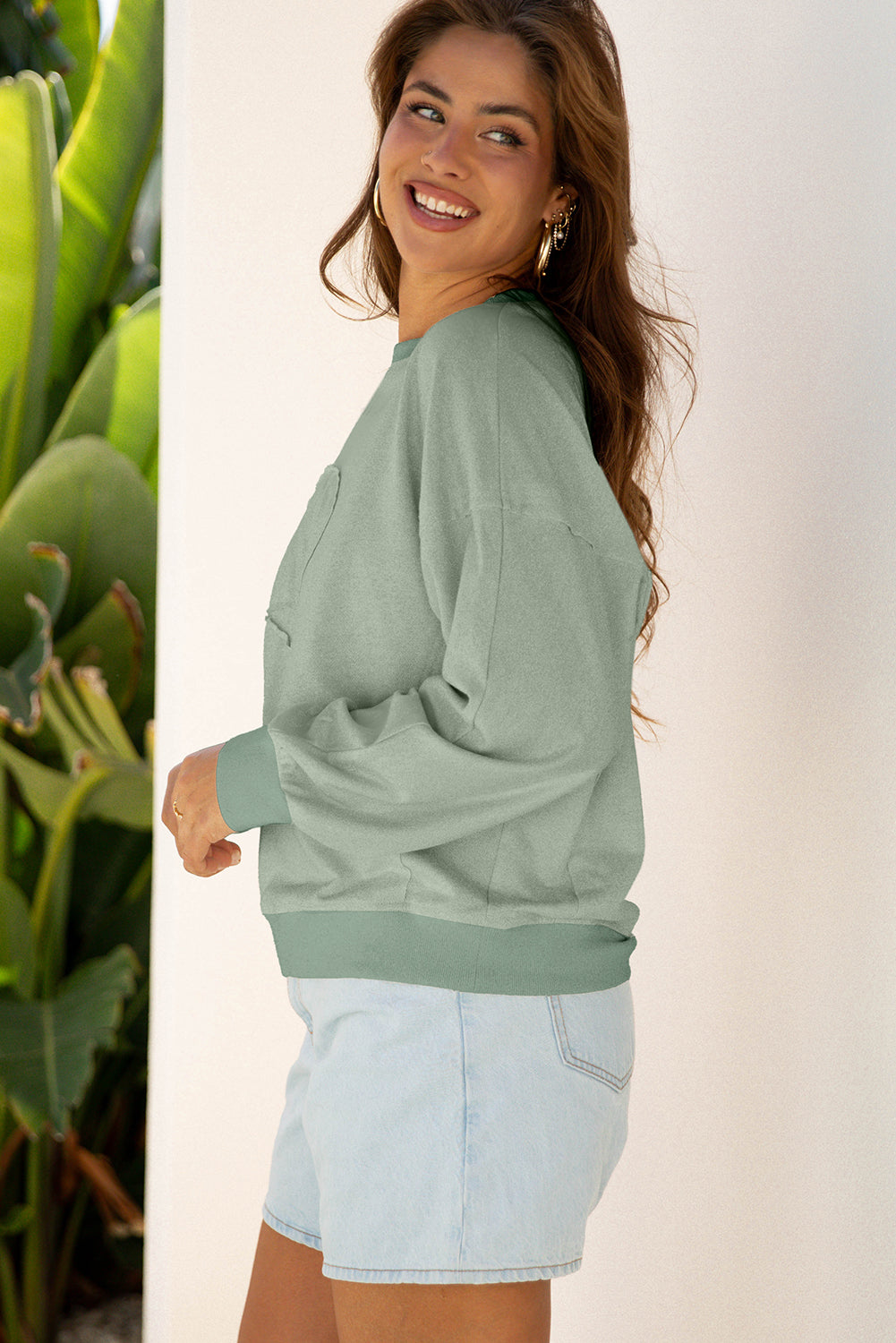 Smoke Green Raw Edge Flower Patch Drop Shoulder Casual Top