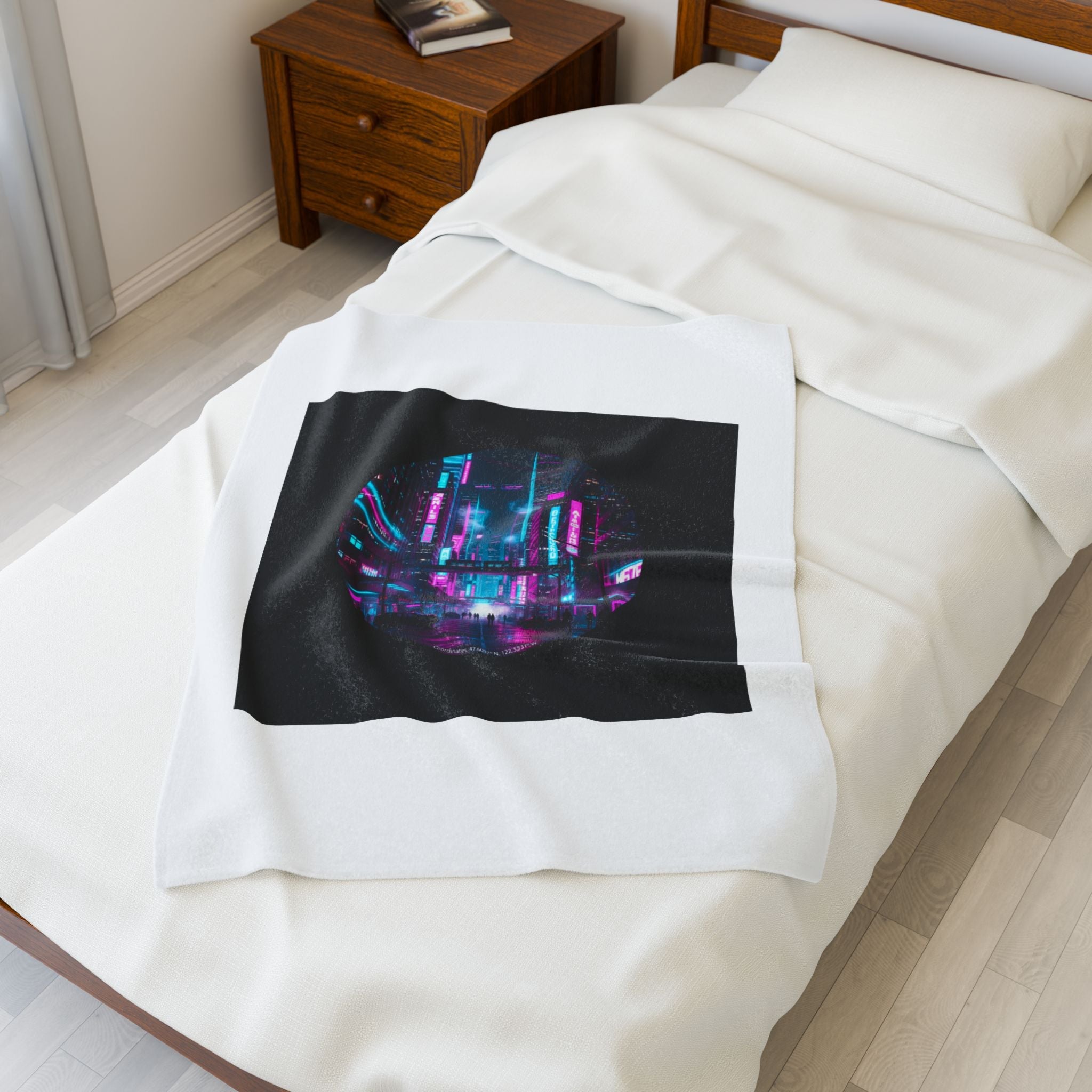 Neon Cyberpunk Cityscape Velveteen Plush Blanket | synthwave skyline