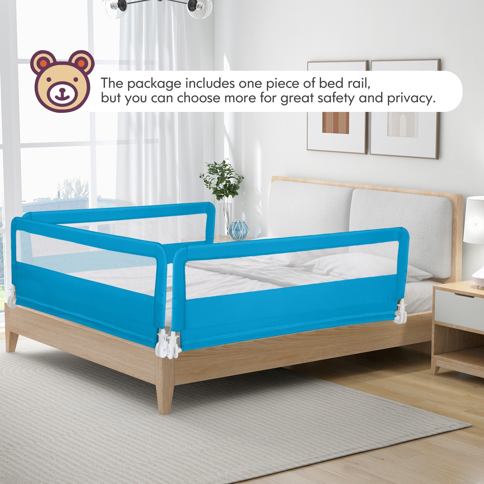 59 Inch Folding Breathable Baby Bed Rail Guard with Safety Strap-Blue