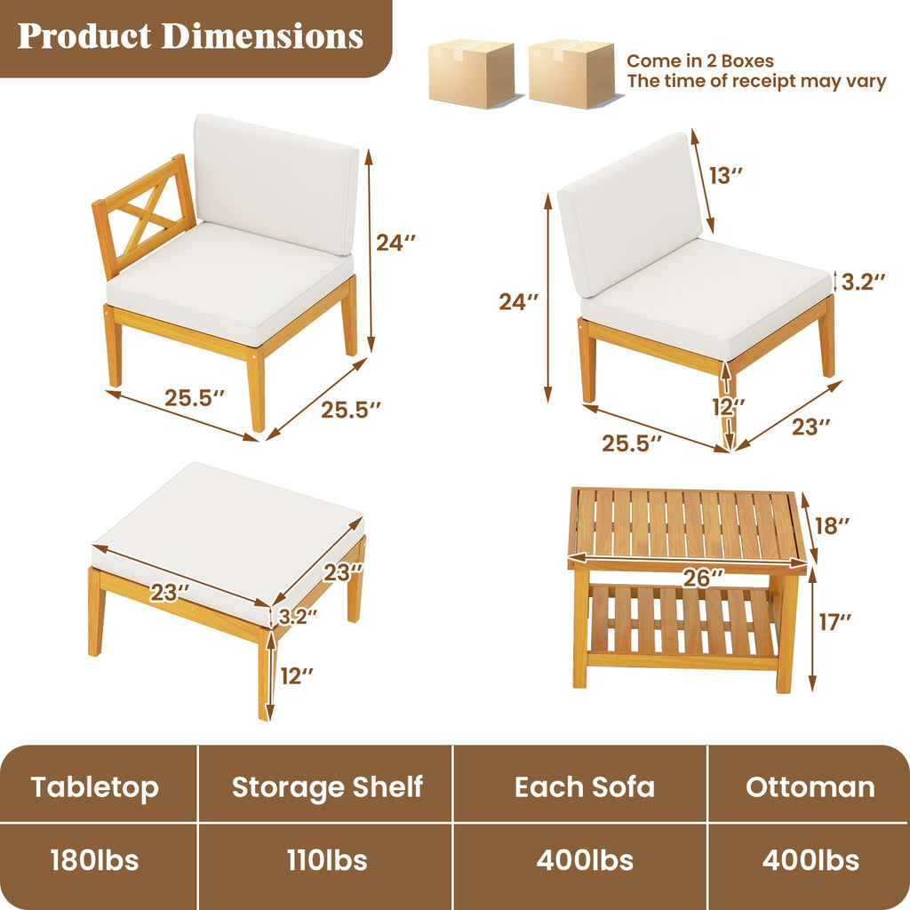 5 Pieces Acacia Wood Patio Chaise Lounge Chair Set with Ottoman and Cushions-White