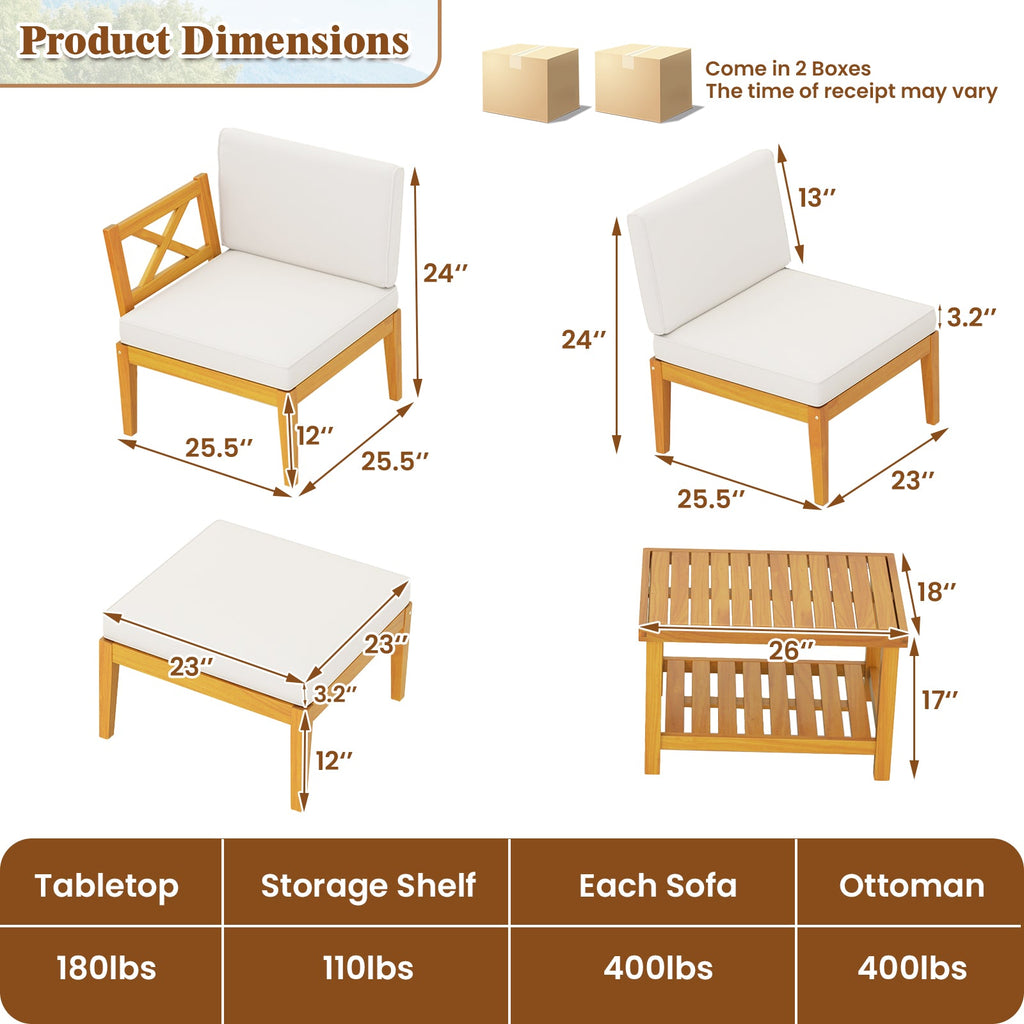 5 Pieces Acacia Wood Patio Furniture Set with 2-Tier Coffee Table and Cushions-White