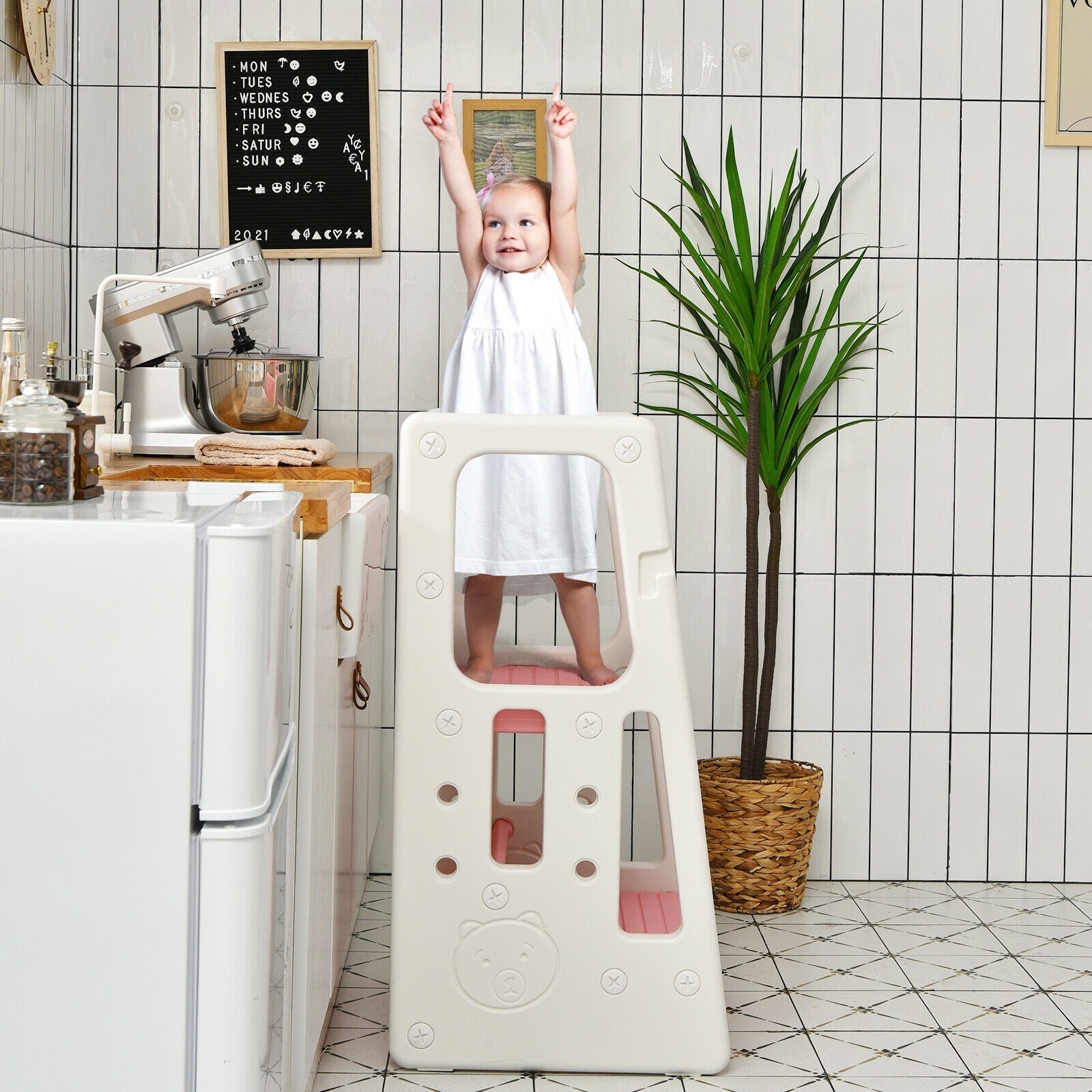 Kids Kitchen Step Stool with Double Safety Rails-Pink