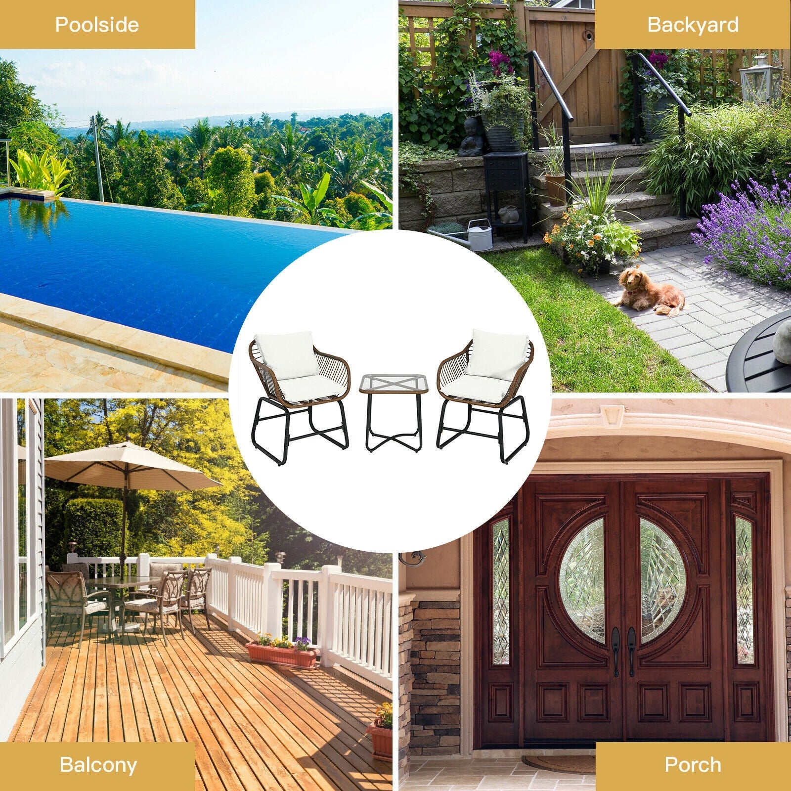 3 Pieces Patio Rattan Bistro Set Cushioned Chair Glass Table Deck