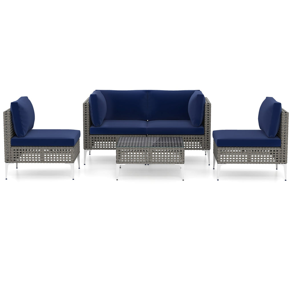 5 Piece Outdoor Furniture Set Patio Rattan Chairs with Tempered Glass Coffee Table-Navy