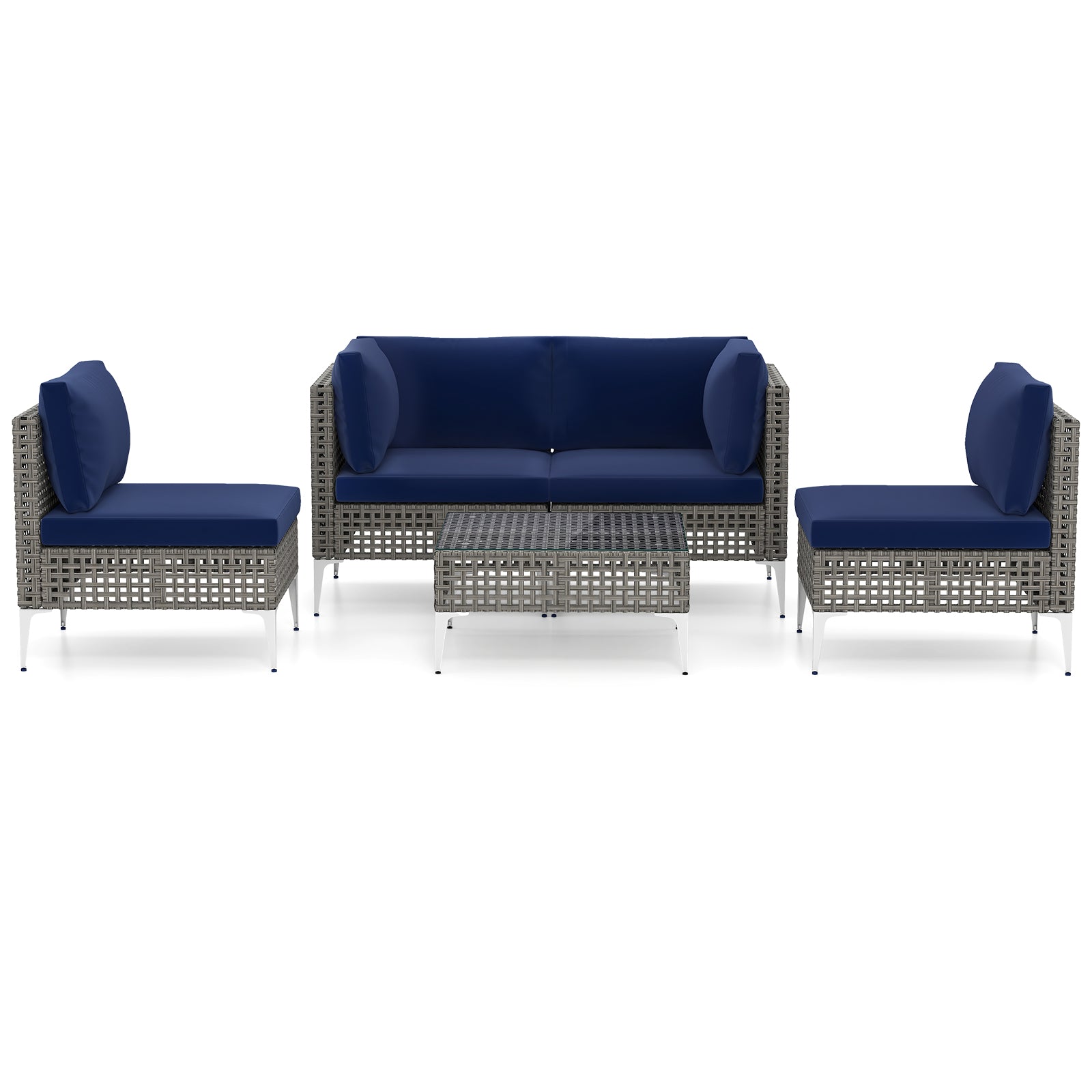 5 Piece Outdoor Furniture Set Patio Rattan Chairs with Tempered Glass Coffee Table-Navy