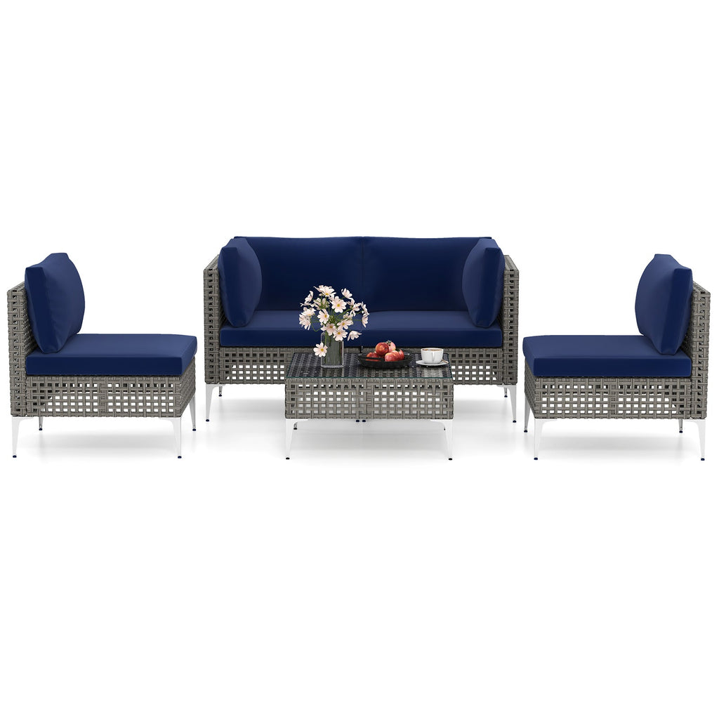 5 Piece Outdoor Furniture Set Patio Rattan Chairs with Tempered Glass Coffee Table-Navy