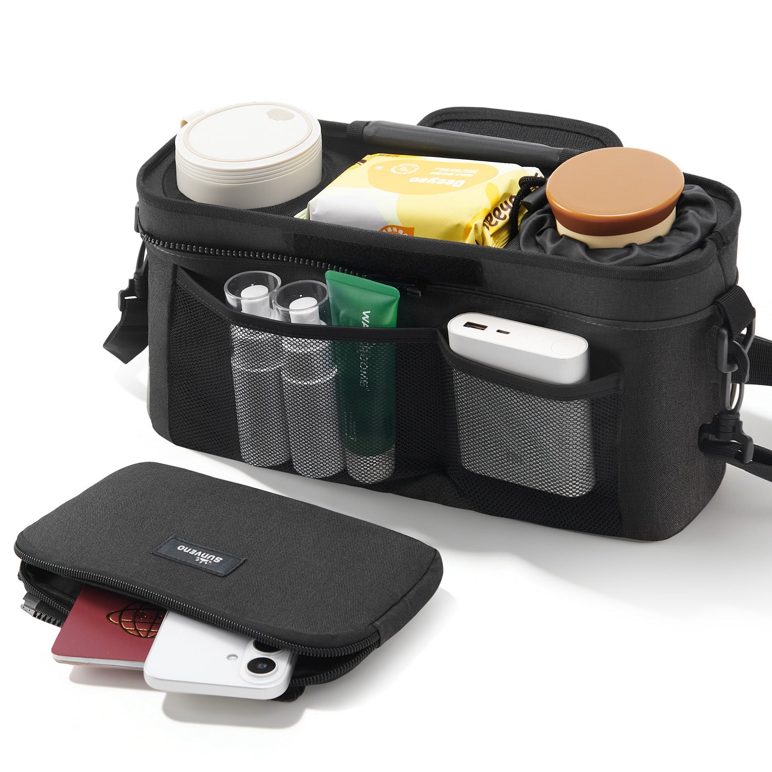 SUNVENO Universal Stroller Organizer with Insulated Cup Holder Detachable Phone Bag