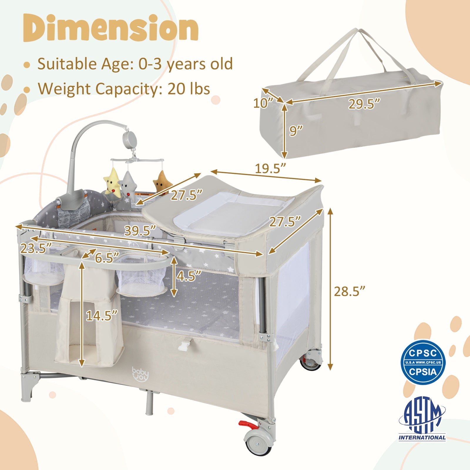 5-in-1 Portable Baby Beside Sleeper Bassinet Crib Playard with Diaper Changer-Beige