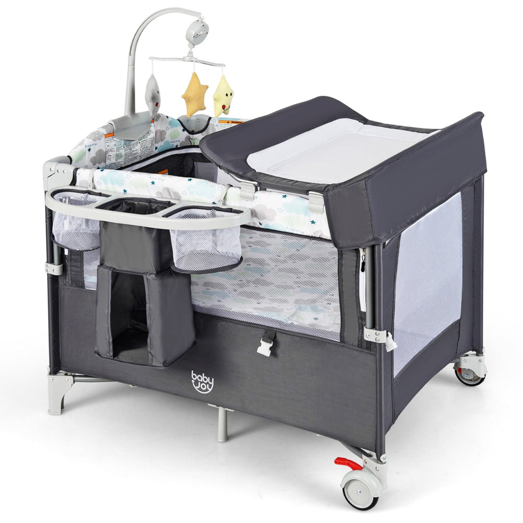 5-in-1 Portable Baby Beside Sleeper Bassinet Crib Playard with Diaper Changer-Gray