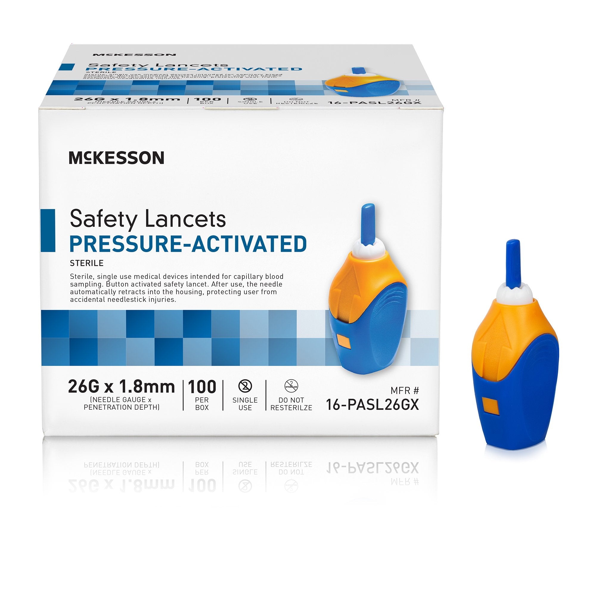 McKesson Pressure Activated Safety Lancets, 26 Gauge, Blue 16-PASL26GX